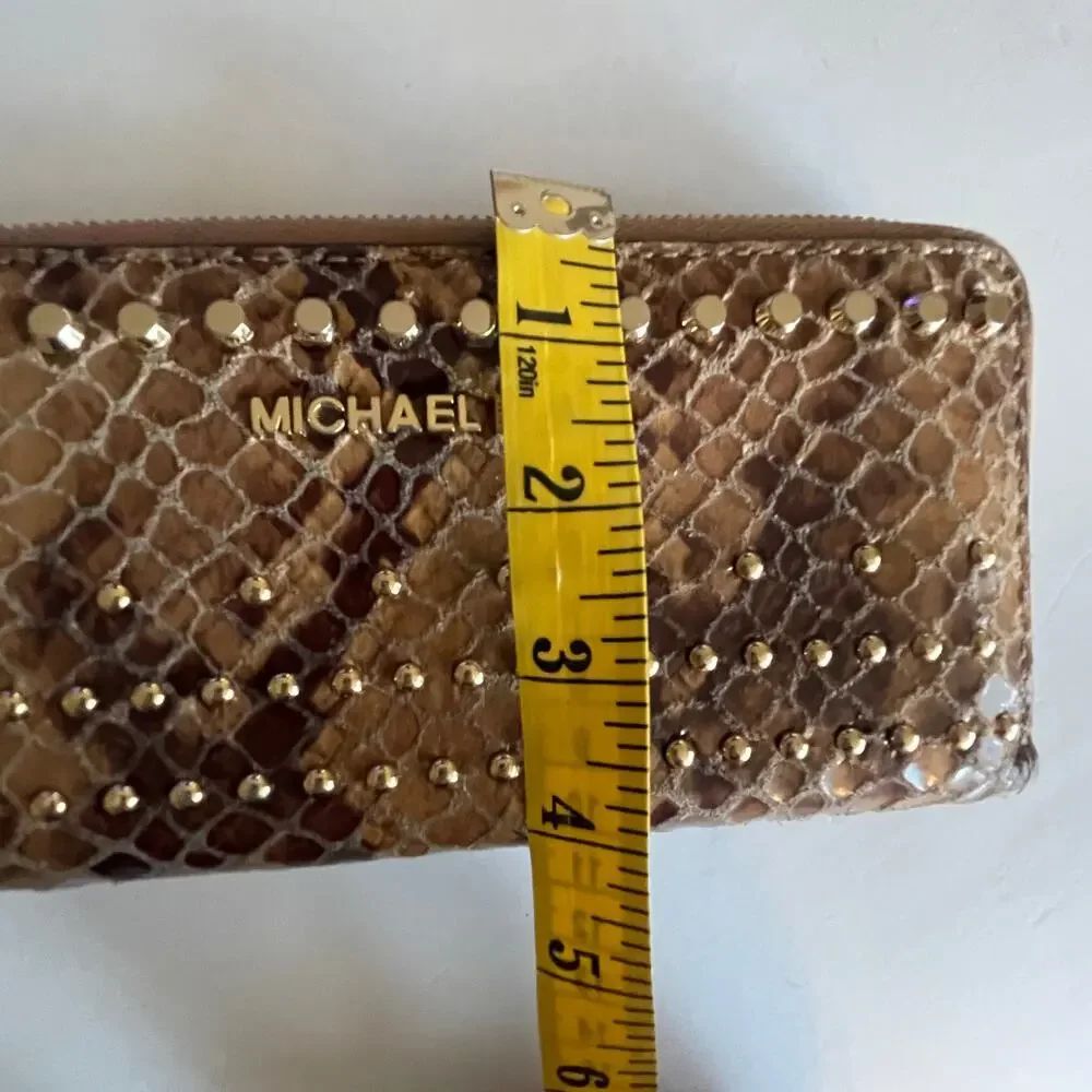 Michael Kors Studded Snakeskin Zip Around Wallet Womens Tan Gold